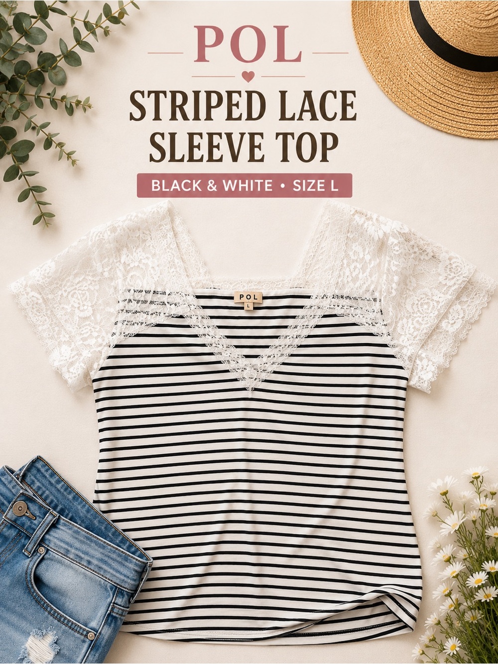 POL Black & White Striped Lace Sleeve Top | Boho Cottagecore Romantic | Size L